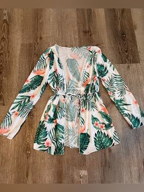 Girls Tropical Print Swim Cover Up Palm Leaf Floral Beach Kimono M/L